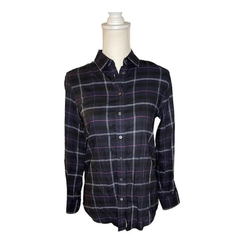 Banana Republic Petite XS Dillon Navy Blue‎ Plaid Flannel Shirt